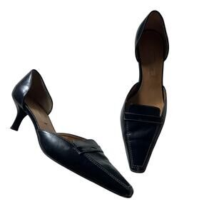 Vtg Y2K 2000s 90s Black Leather Loafer Style Kitten Heel Mule Sz 8.5 Office